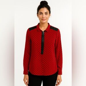 San Francisco | Red and Black Polka Dot Blouse with Leather Accents and Half Zip